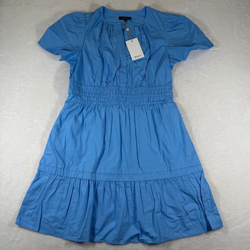 Quince‎ Blue Organic Cotton Smocked Waist Puff Sleeve Mini Dress Size S NWT